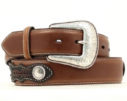 M and F Western Product N2476044 Men's Standard Belt in Brown Distressed Leather with Fancy Woven Back